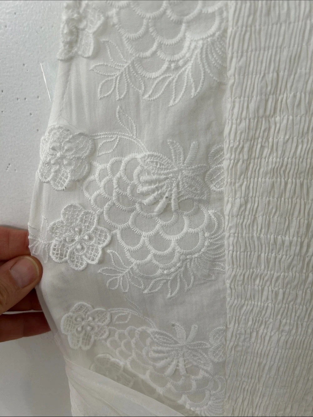 White Lace Bohemian Maxi Dress Tiered Smocked Empire Waist Embroidered Bridal - Picture 8 of 16